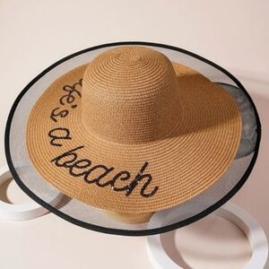 "Life's a Beach" Khaki Straw Hat with Black Border Wide Brim Sun Protection NEW